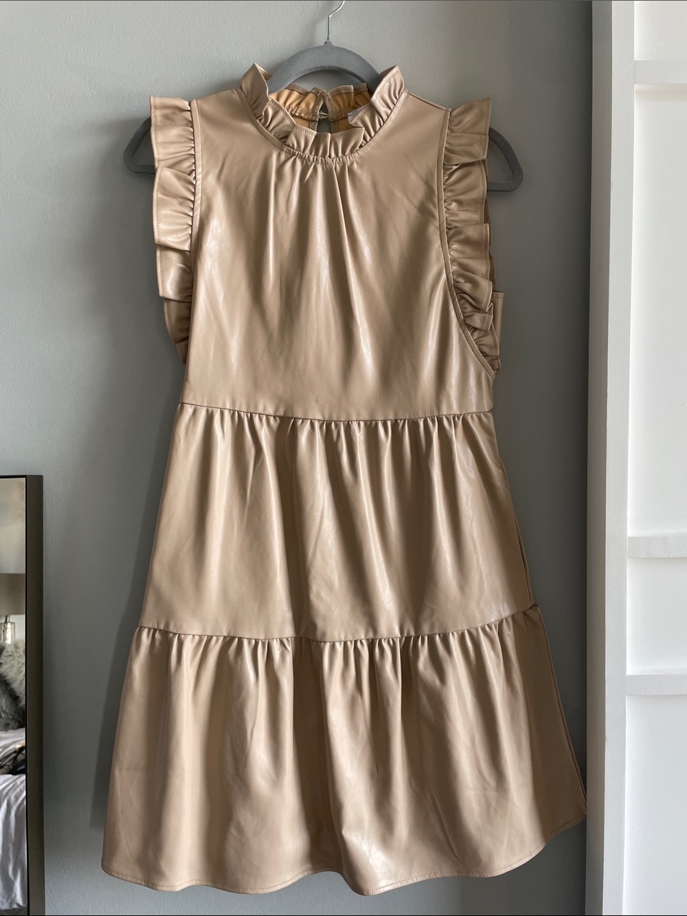 Sleeveless Faux Leather Ruffle sleeve/neckline Tiered Midi Dress